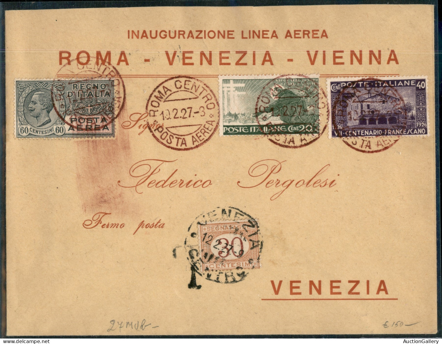 Regno - Posta Aerea - Insieme Di 3 Aerogrammi Primi Voli Del 1927 - Roma Venezia/Roma Vienna/Venezia Roma - Interessante - Autres & Non Classés