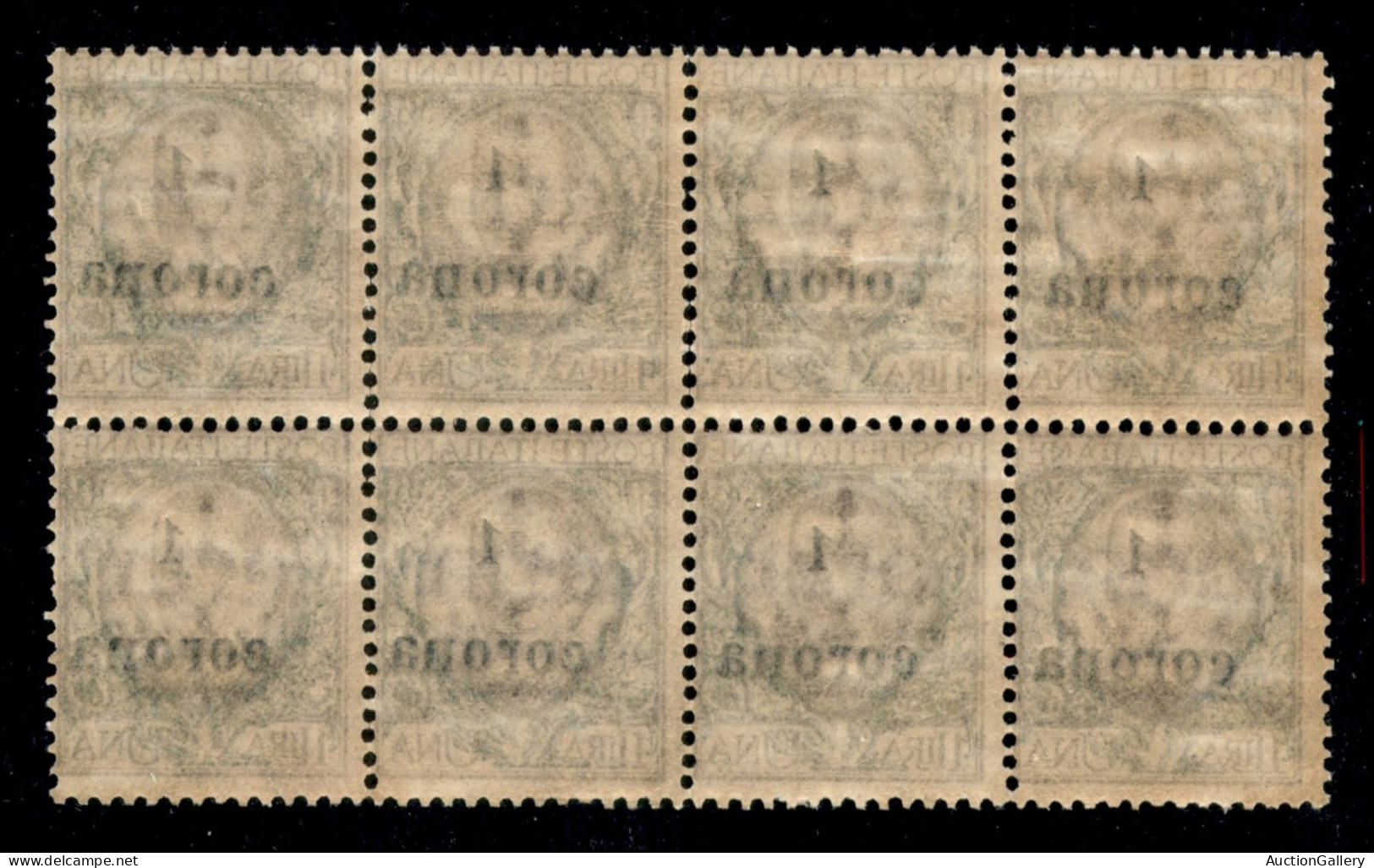 Occupazioni I Guerra Mondiale - Trento E Trieste - 1919 - 1 Corona Su 1 Lira (11w) - Blocco Di 8 Con Soprastampe Oblique - Sonstige & Ohne Zuordnung