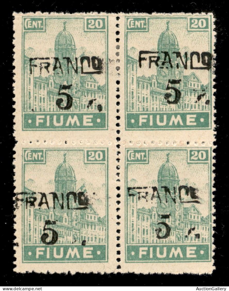 Occupazioni I Guerra Mondiale - Fiume - 1919 - Franco 5 Su 20 Cent (C75) - Quartina - Soprastamp Spostate (oblique In Ba - Autres & Non Classés