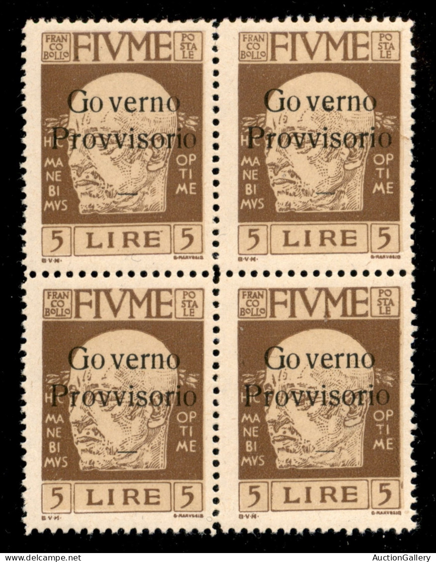 Occupazioni I Guerra Mondiale - Fiume - 1921 - 5 Lire D'Annunzio (162) - Quartina - Gomma Integra (1500+) - Other & Unclassified