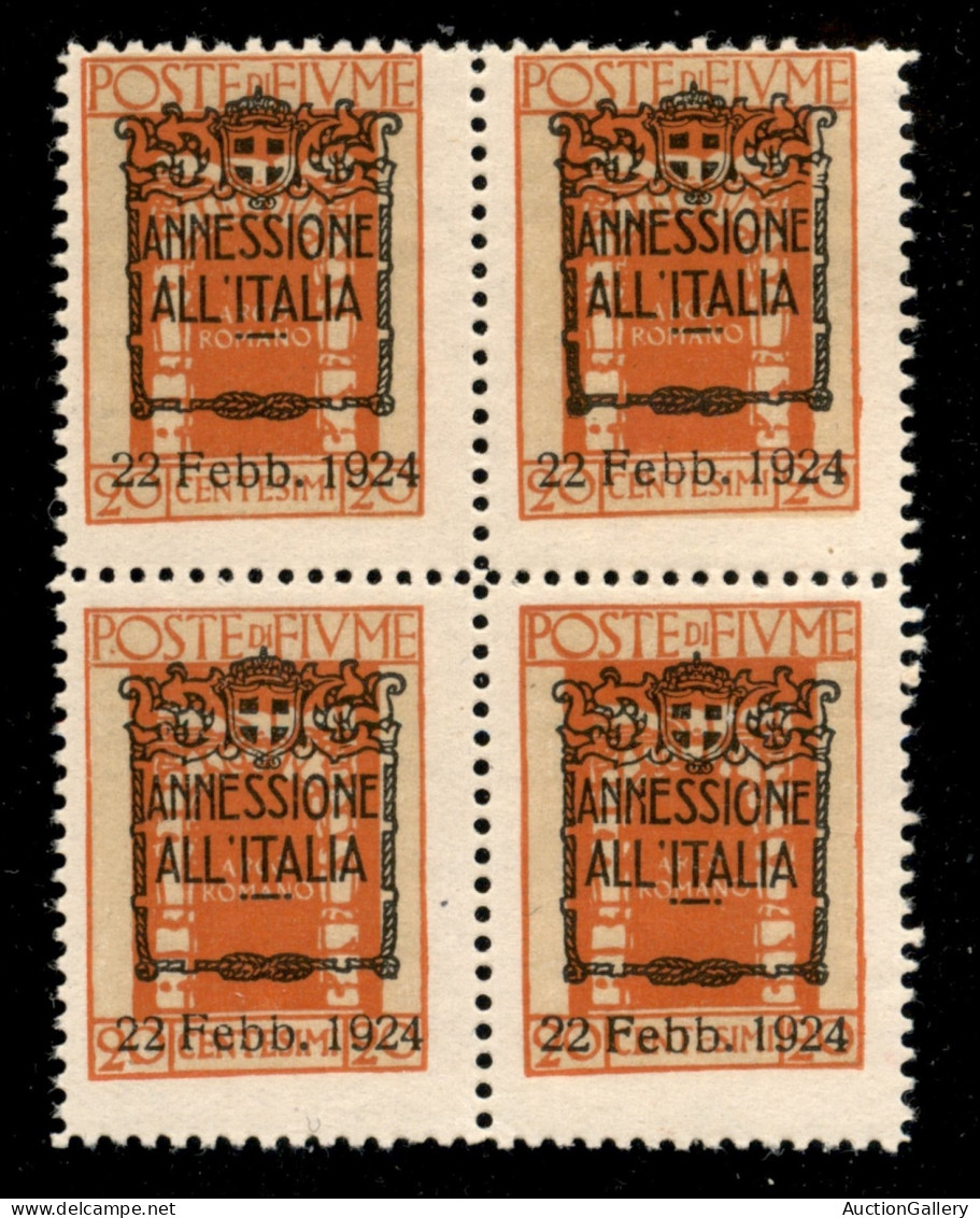 Occupazioni I Guerra Mondiale - Fiume - 1924 - 20 Cent Annessione (217 Varietà) - Quartina Con Dentellatura Ruotata - Go - Sonstige & Ohne Zuordnung