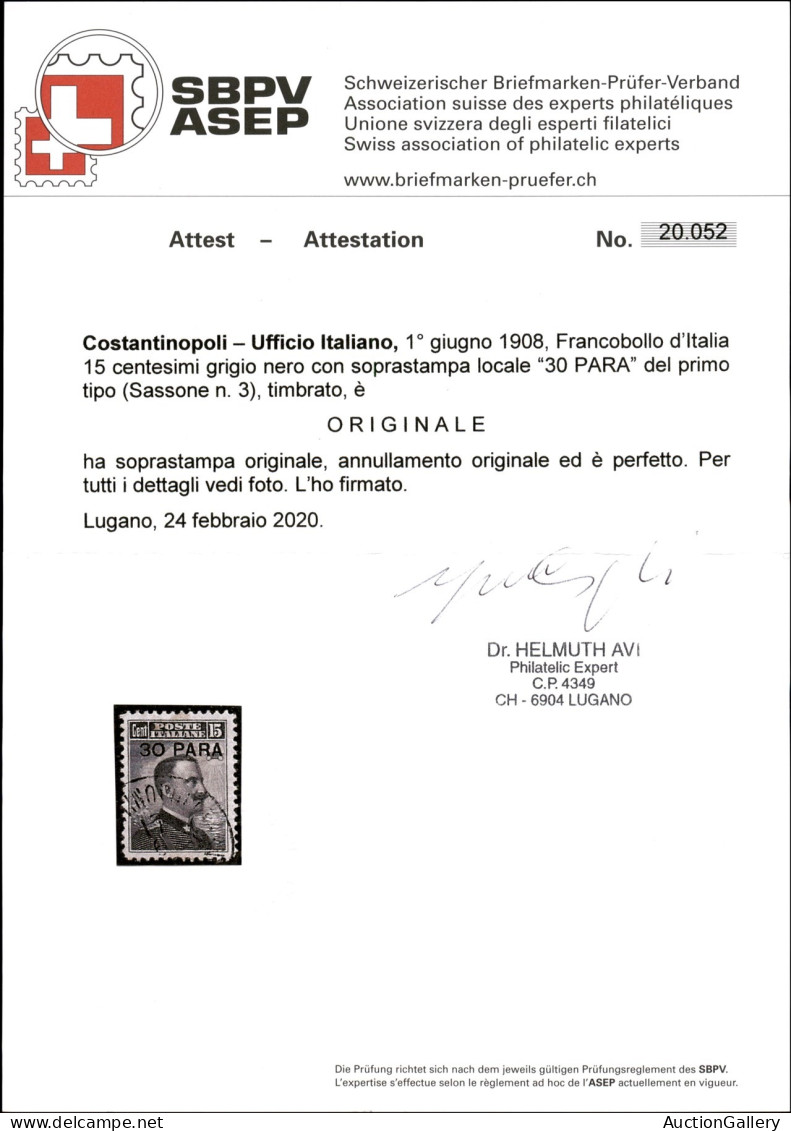 Uffici Postali All'Estero - Costantinopoli - 1908 - 30 Para Su 15 Cent (3) Usato - Diena + Cert. Avi - Sonstige & Ohne Zuordnung