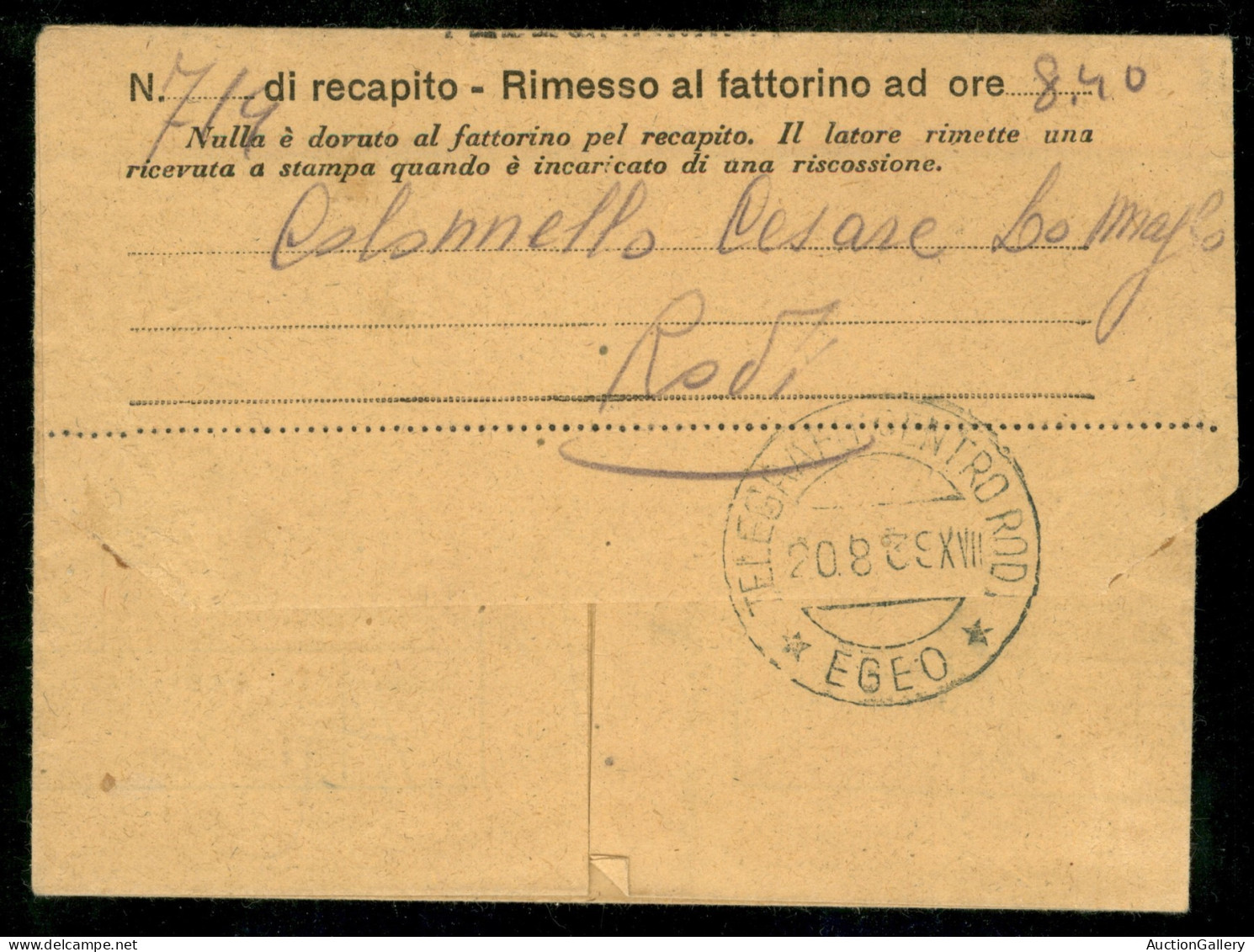 Colonie - Egeo - Emissioni Generali - Telegrafo Centro Rodi / Egeo 20.8.39 (azzurro) - Telegramma Dalla Real Casa (Roma) - Otros & Sin Clasificación