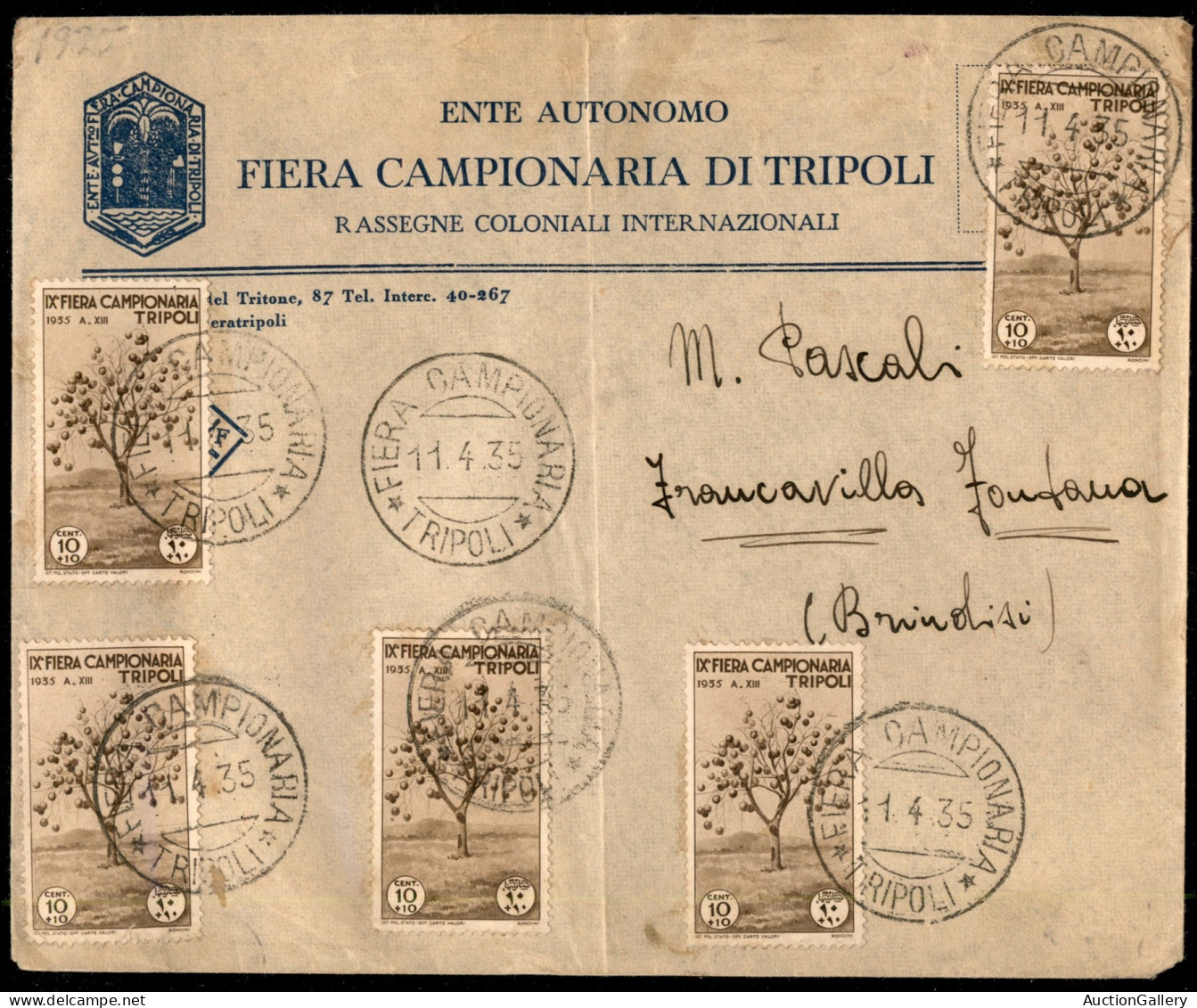 Colonie - Libia - Fiera Campionaria - 10 Cent (132) - Cinque Pezzi Su Busta Intestata Da Tripoli A Brindisi Del 11.4.39 - Andere & Zonder Classificatie