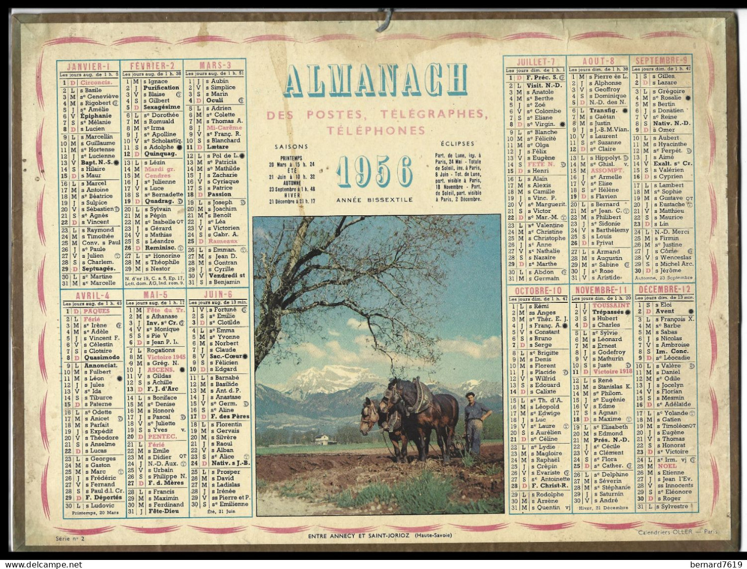 Almanach  Calendrier  P.T.T  -  La Poste -  1956 - Entre Annecy Et Saint Joriaz - Tamaño Grande : 1941-60