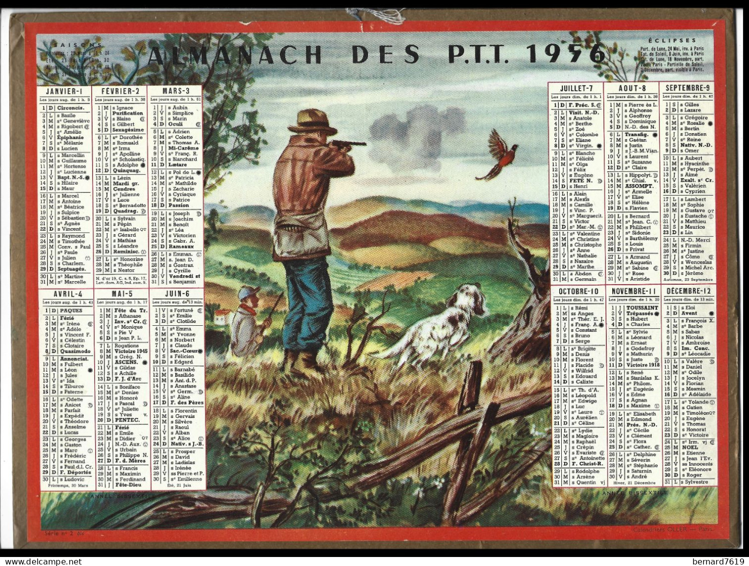 Almanach  Calendrier  P.T.T  -  La Poste -  1956 - Chasse - Grand Format : 1941-60