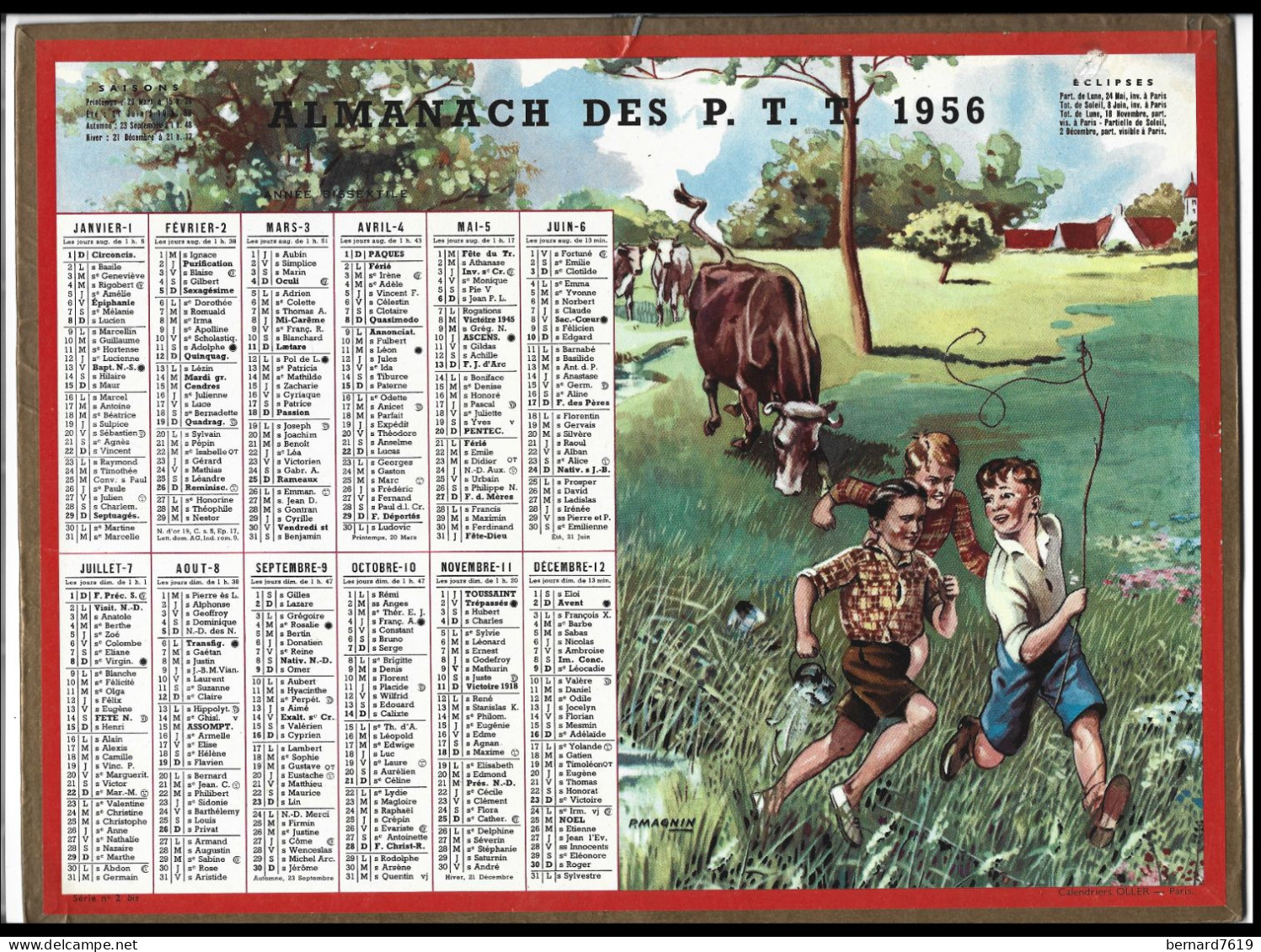 Almanach  Calendrier  P.T.T  -  La Poste -  1956 - P Magnin   - Jeux D'enfants - Grand Format : 1941-60