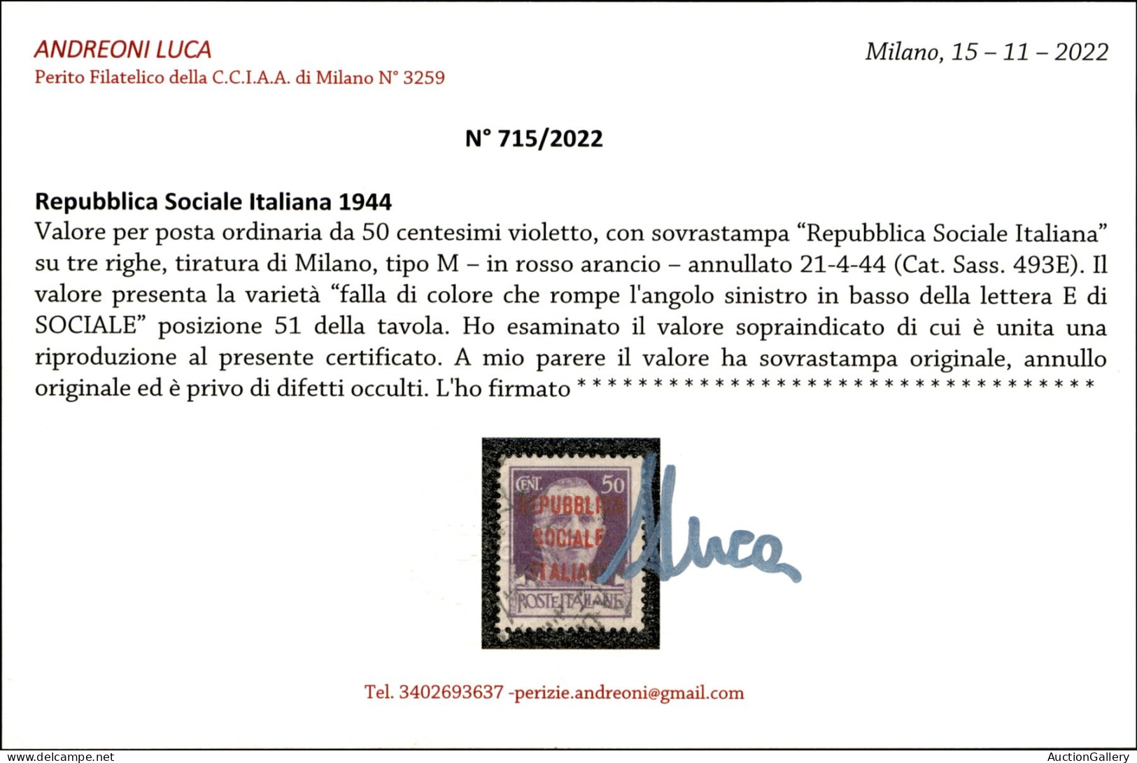 RSI - Provvisori - Milano - 1944 - 50 Cent Rosso Arancio (493E) - Tiratura Di Milano (posiz. 51) - Cert. Andreoni - Otros & Sin Clasificación