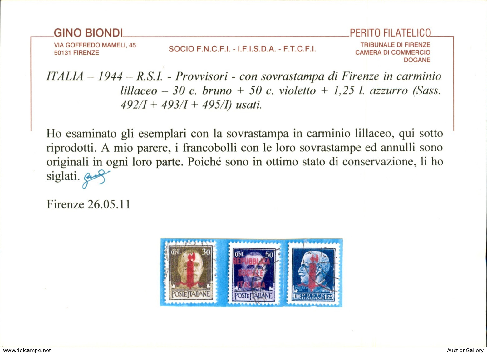 RSI - Provvisori - Firenze - 1944 - Soprastampati Carminio Lillaceo (492/I + 493/I + 495/I) - Tiratura Di Firenze - 3 Va - Sonstige & Ohne Zuordnung