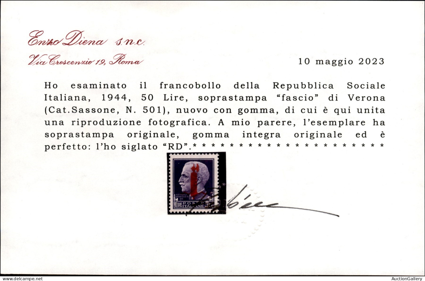 RSI - Provvisori - 1944 - 50 Lire (501) - Gomma Integra Con Lieve Ingiallimento Al Retro - Cert. Diena - Otros & Sin Clasificación