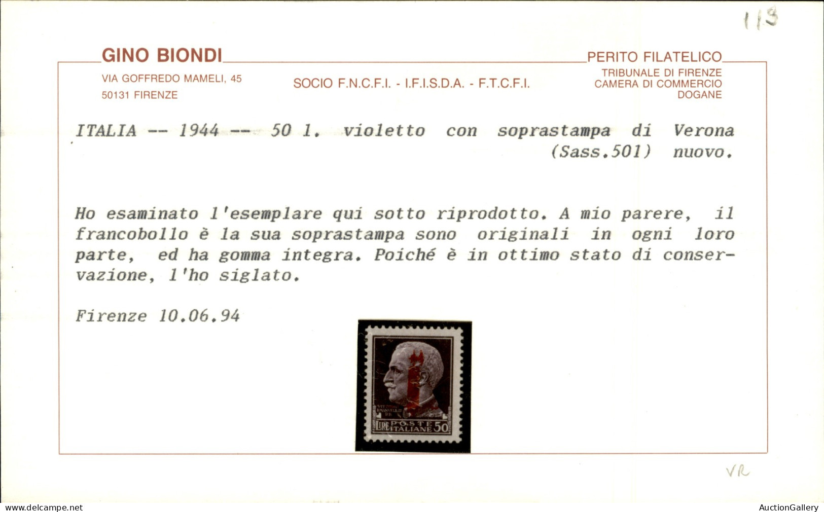 RSI - Provvisori - Verona - 1944 - 50 Lire (501) - Tiratura Di Verona - Gomma Integra - Diena + Cert. Biondi - Andere & Zonder Classificatie