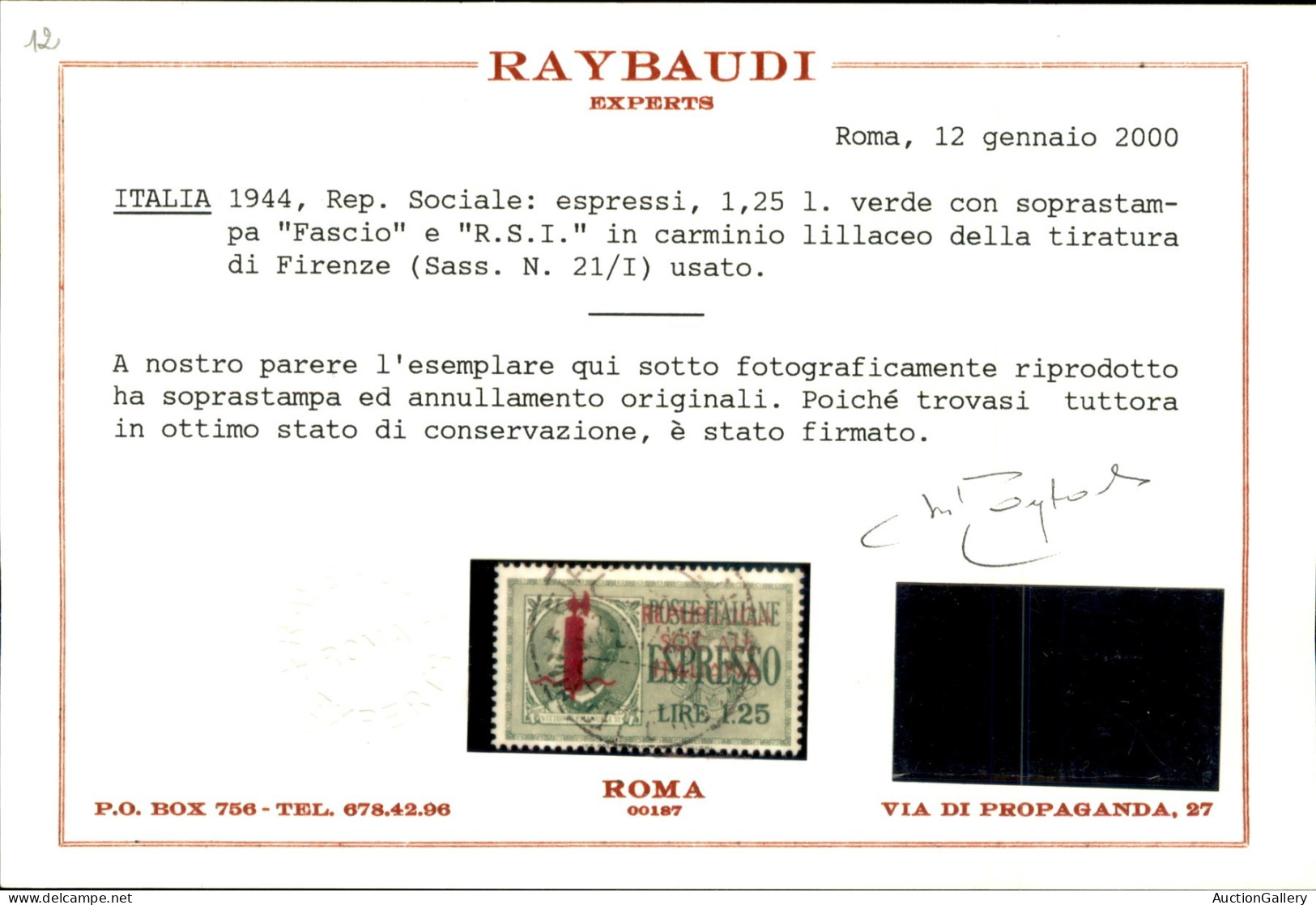 RSI - Provvisori - 1944 - 1,25 Lire Espresso (21/I) - Tiratura Di Firenze - Usato - Cert. Raybaudi - Andere & Zonder Classificatie