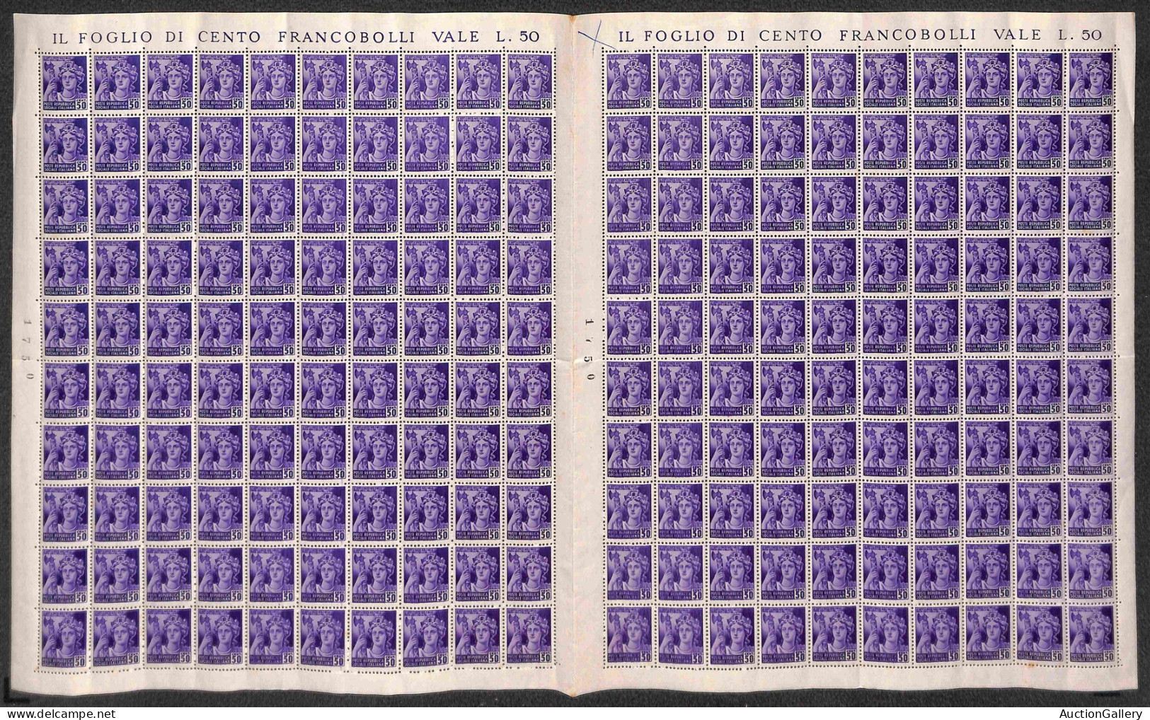 RSI - Definitivi - 1944 - 50 Cent Italia (507 Varietà) - Foglio Doppio Di 200 Con Stampa Molto Inchiostrata E Confusa Ne - Other & Unclassified