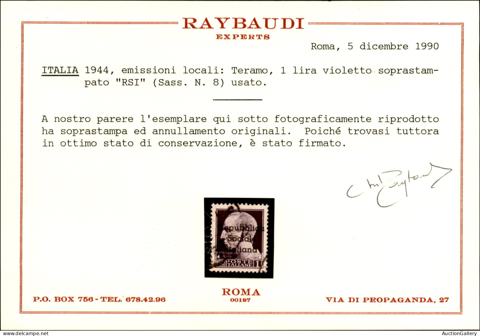 Emissioni Locali - Teramo - 1944 - 1 Lira (8) Usato - Cert. Raybaudi - Other & Unclassified