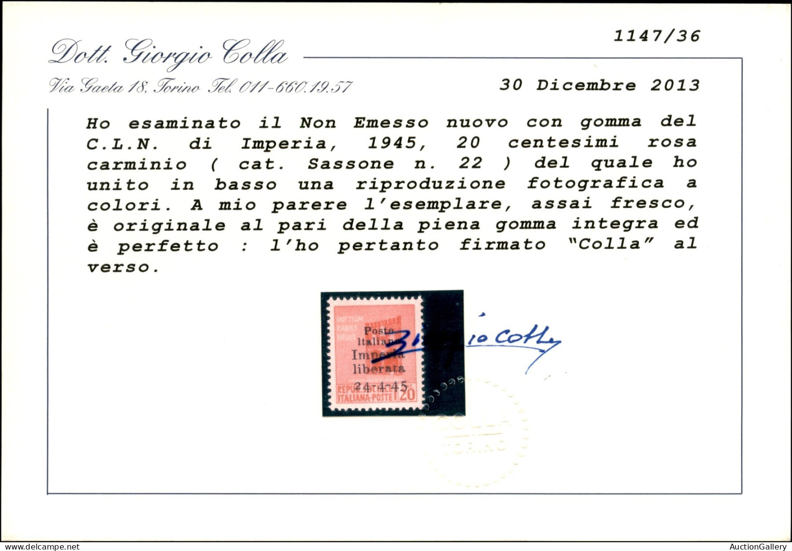 C.L.N. - Imperia - 1945 - Non Emesso - 20 Cent (22 - Varietà) Con Soprastampa In Basso (data Su Repub. Sociale) - Gomma  - Other & Unclassified