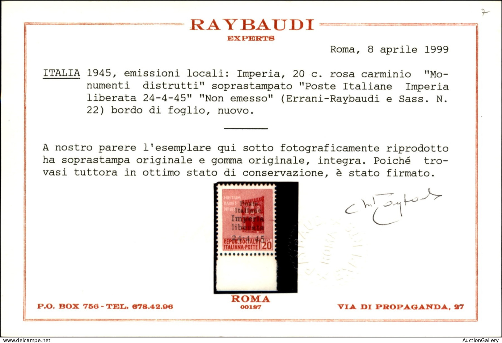 C.L.N. - Imperia - 1945 - Non Emesso - 20 Cent (22d) Senza Trattino Tra 4 E 45 - Gomma Integra - Cert. Raybaudi - Otros & Sin Clasificación