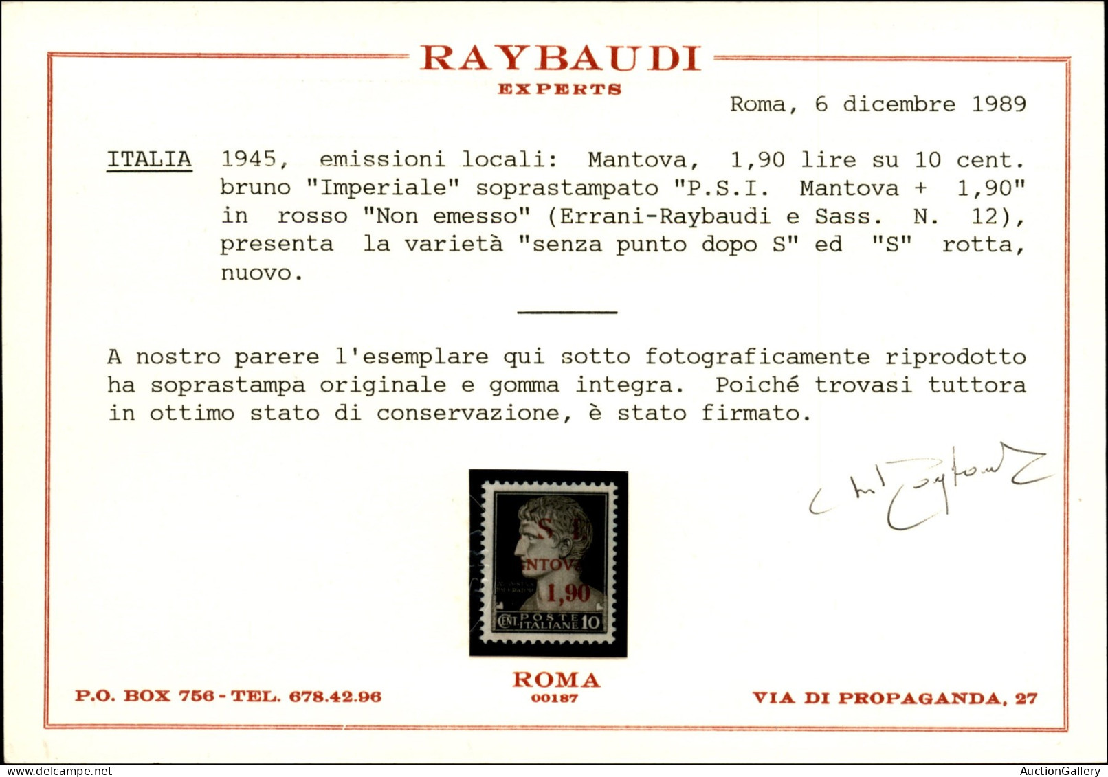 C.L.N. - Mantova - 1945 - Non Emesso - 10 Cent + 1,90 Lire (12w) Senza Punto Dopo S - Gomma Integra - Cert. Raybaudi - Andere & Zonder Classificatie