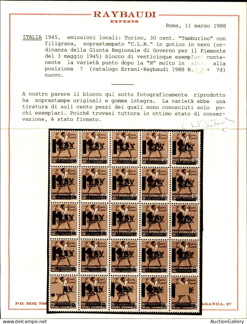 C.L.N. - Torino - 1945 - 30 Cent (Unificato 7) - Blocco Di 25 - Punto In Alto Dopo N (7b) - Gomma Integra - Cert. Raybau - Other & Unclassified