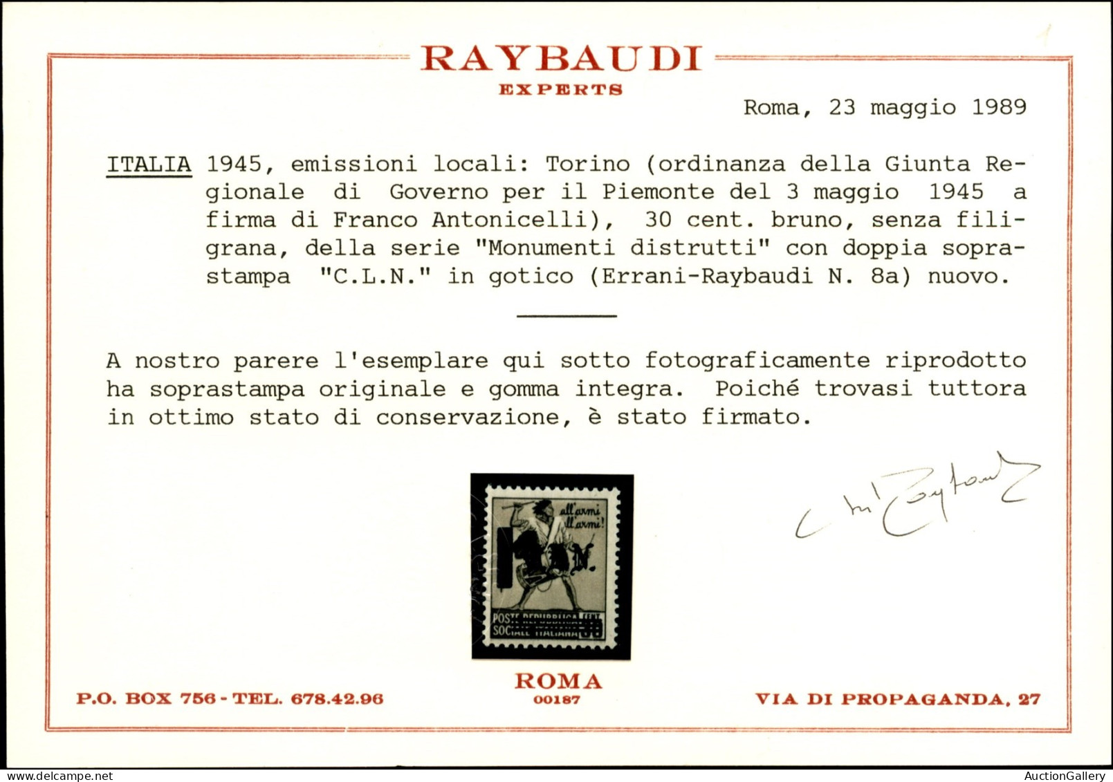 C.L.N. - Torino - 1945 - 30 Cent (Errani 8a) Con Doppia Soprastampa - Gomma Integra - Cert. Raybaudi - Autres & Non Classés