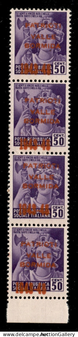 C.L.N. - Valle Bormida - 1945 - 50 Cent (5A) - Striscia Verticale Di Quattro Con Spaziature Diverse Delle Soprastampe In - Other & Unclassified
