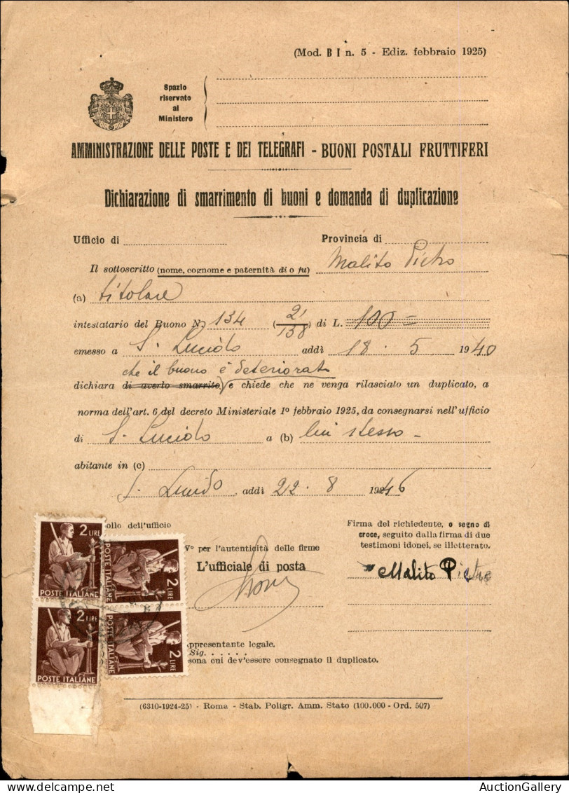 Repubblica - Posta Ordinaria - S. Lucido 22.8.46 - Modulo Amministrativo Con Tassa Di Duplicazione Di 8 Lire (552 Quattr - Andere & Zonder Classificatie