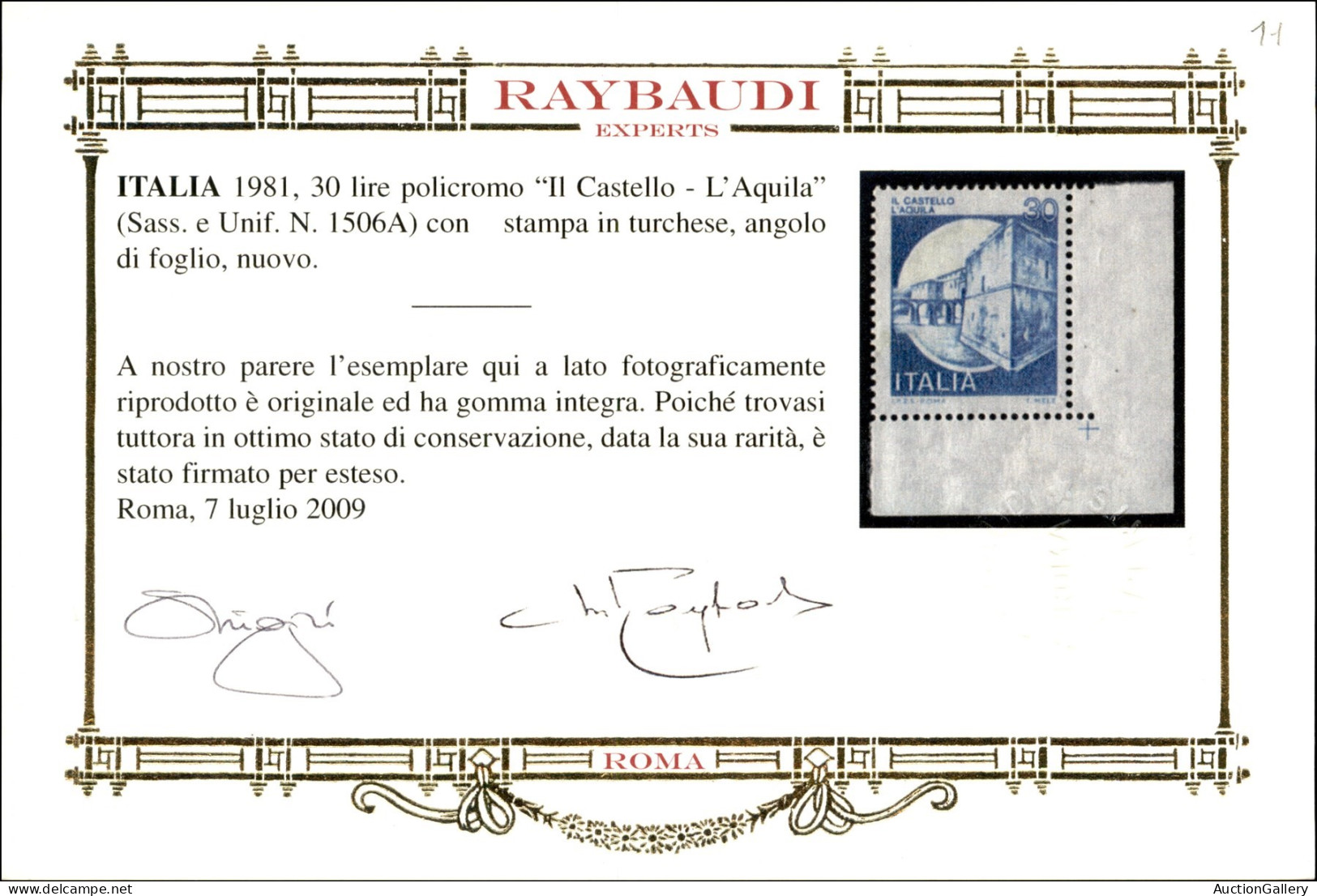 Repubblica - Posta Ordinaria - 1981 - Aquila - Naturale Azzurro - 30 Lire Castelli (1506A) - Gomma Integra - Cert. Rayba - Otros & Sin Clasificación