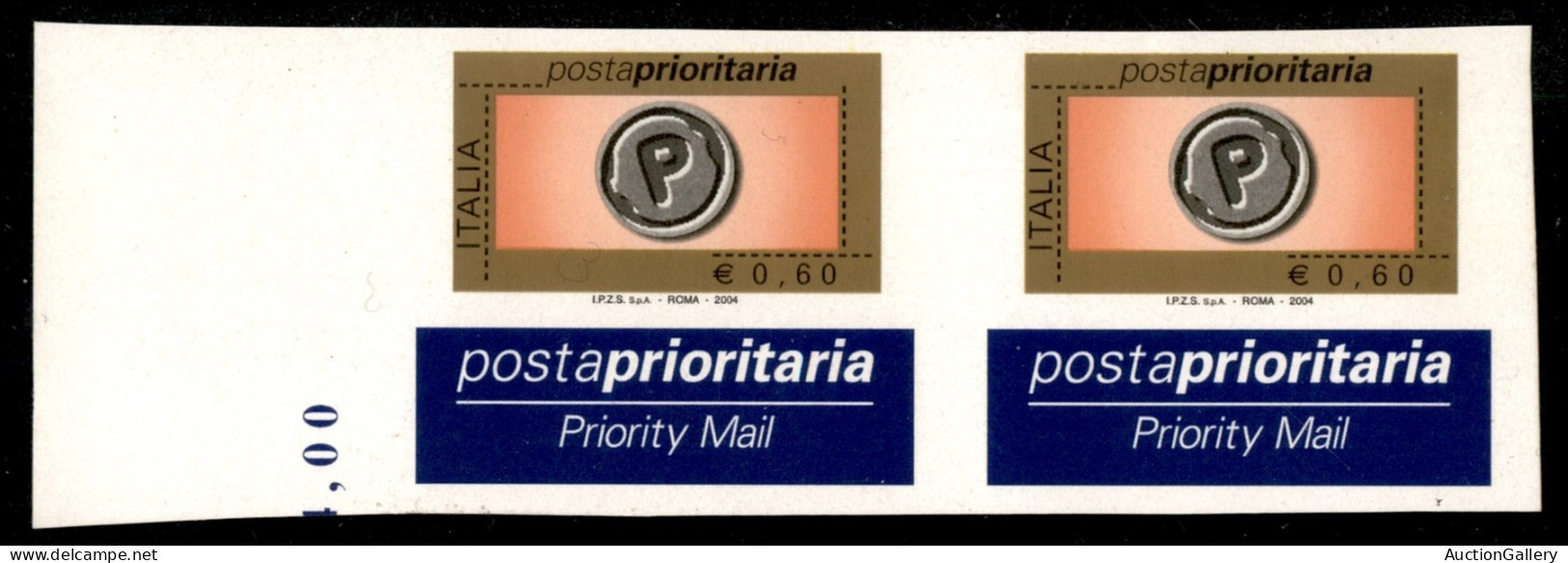 Repubblica - Posta Ordinaria - 2004 - Coppia Del 0,60 Cent Prioritaria (2747 - Carr 2394Eh) Priva Della Fustellatura Di  - Andere & Zonder Classificatie