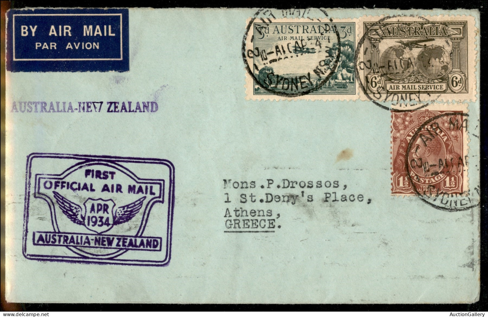 Aerogrammi  - Australia - 1934 (10 Aprile) - Australia Nuova Zelanda - Muller 104 - Aerogramma Per Atene - Sonstige & Ohne Zuordnung