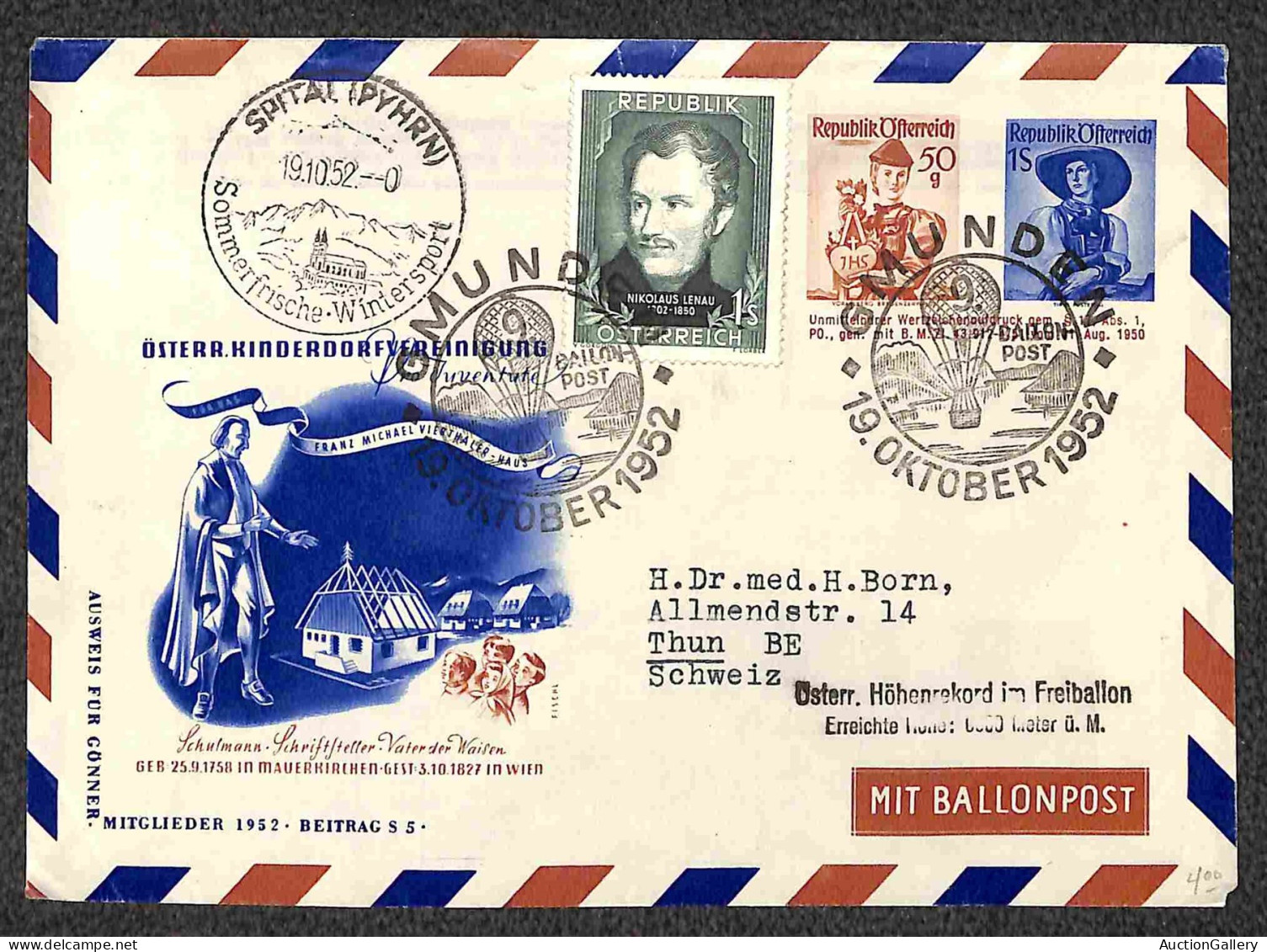 Aerogrammi  - Austria - 1952 (19 ottobre) - Gmunden Ballonpost - quattro aerogrammi con destinazioni diverse - uno racco