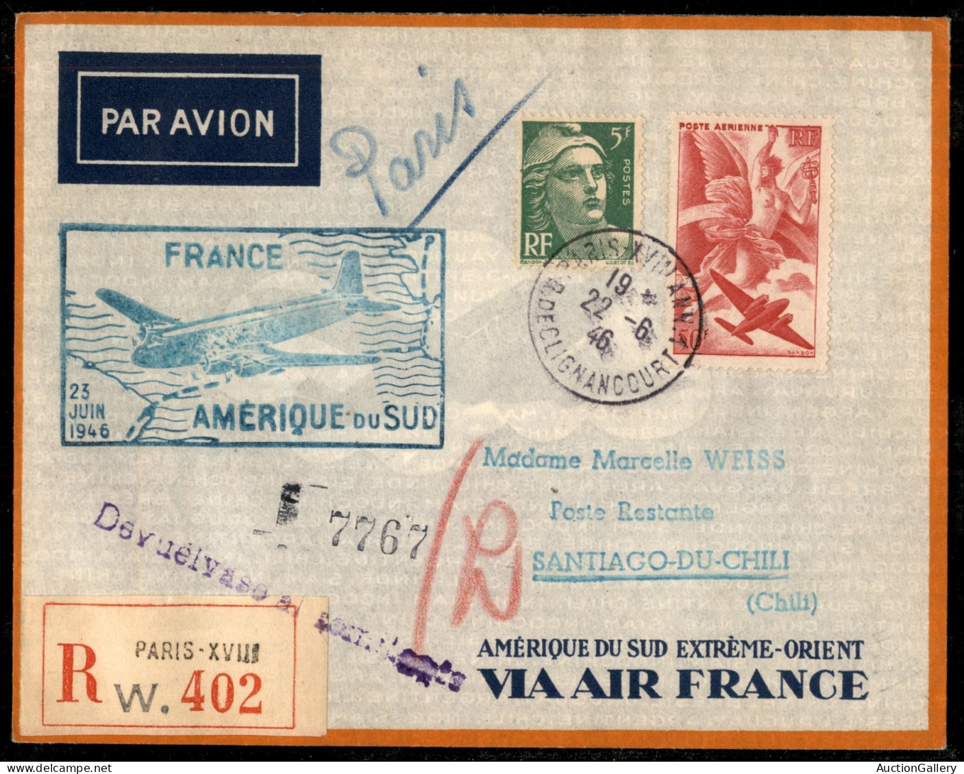 Aerogrammi  - Francia - 1946 (23 Giugno) - Francia America Del Sud - Muller 539 - Aerogramma Raccomandato Da Parigi A Sa - Andere & Zonder Classificatie