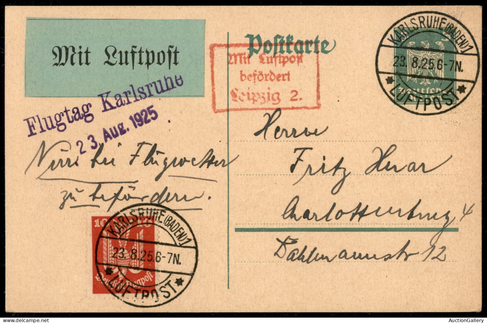 Aerogrammi  - Germania - 1925 (23 Agosto) - Flugtag Karlsruhe - Aerogramma Per Charlottenburg - Sonstige & Ohne Zuordnung