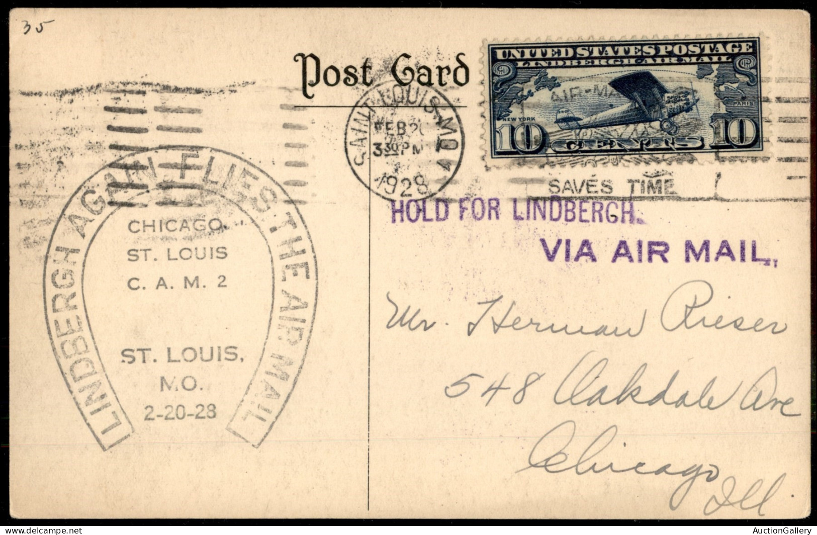 Aerogrammi  - Germania - 1928 (20 Febbraio) - Lindbergh Again Flies The Air Mail - St. Louis Chicago - Andere & Zonder Classificatie