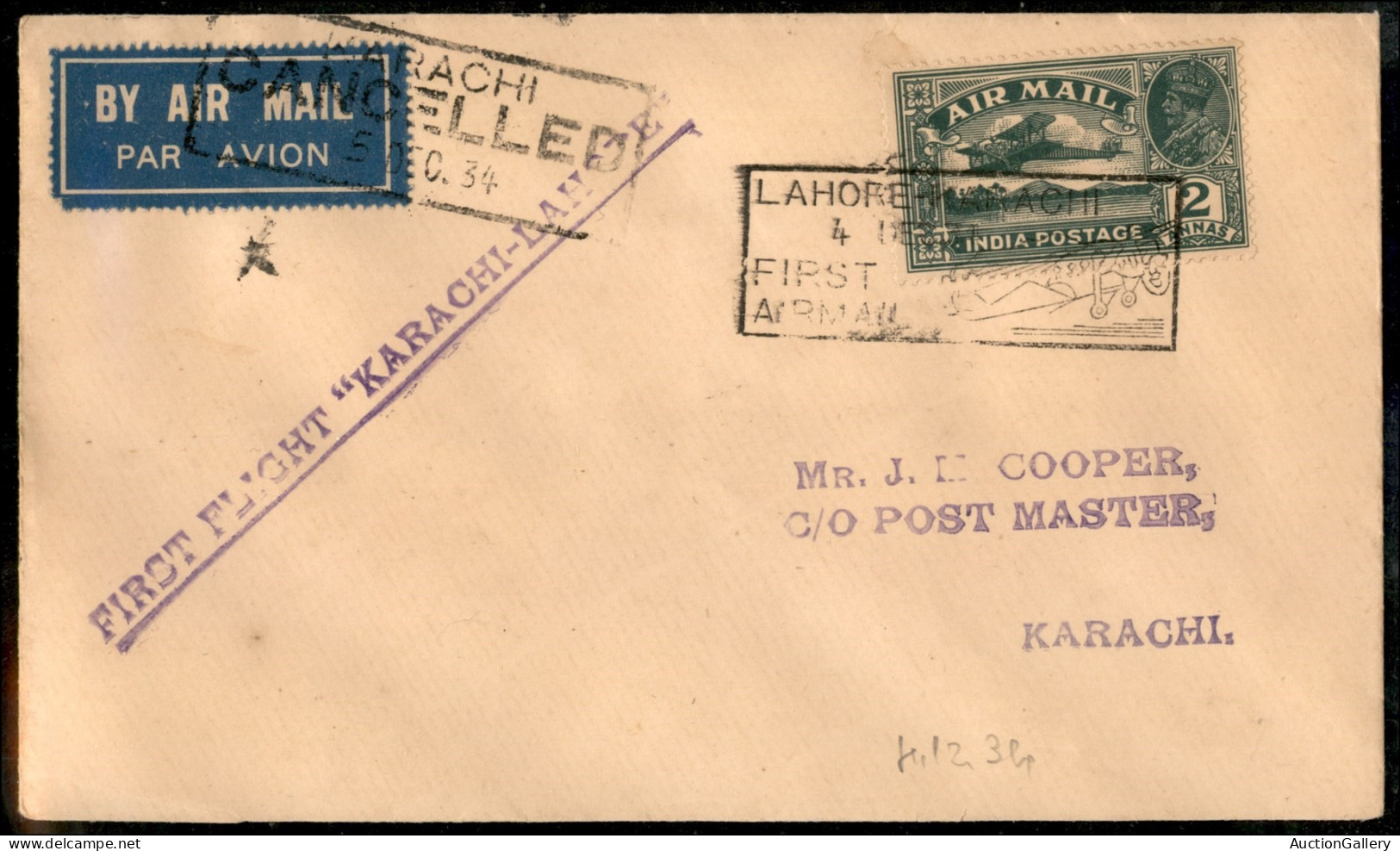 Aerogrammi  - India - 1934 (4 Dicembre) - Lahore Karachi - Karachi Cancelled 5 Dec 34 - Andere & Zonder Classificatie