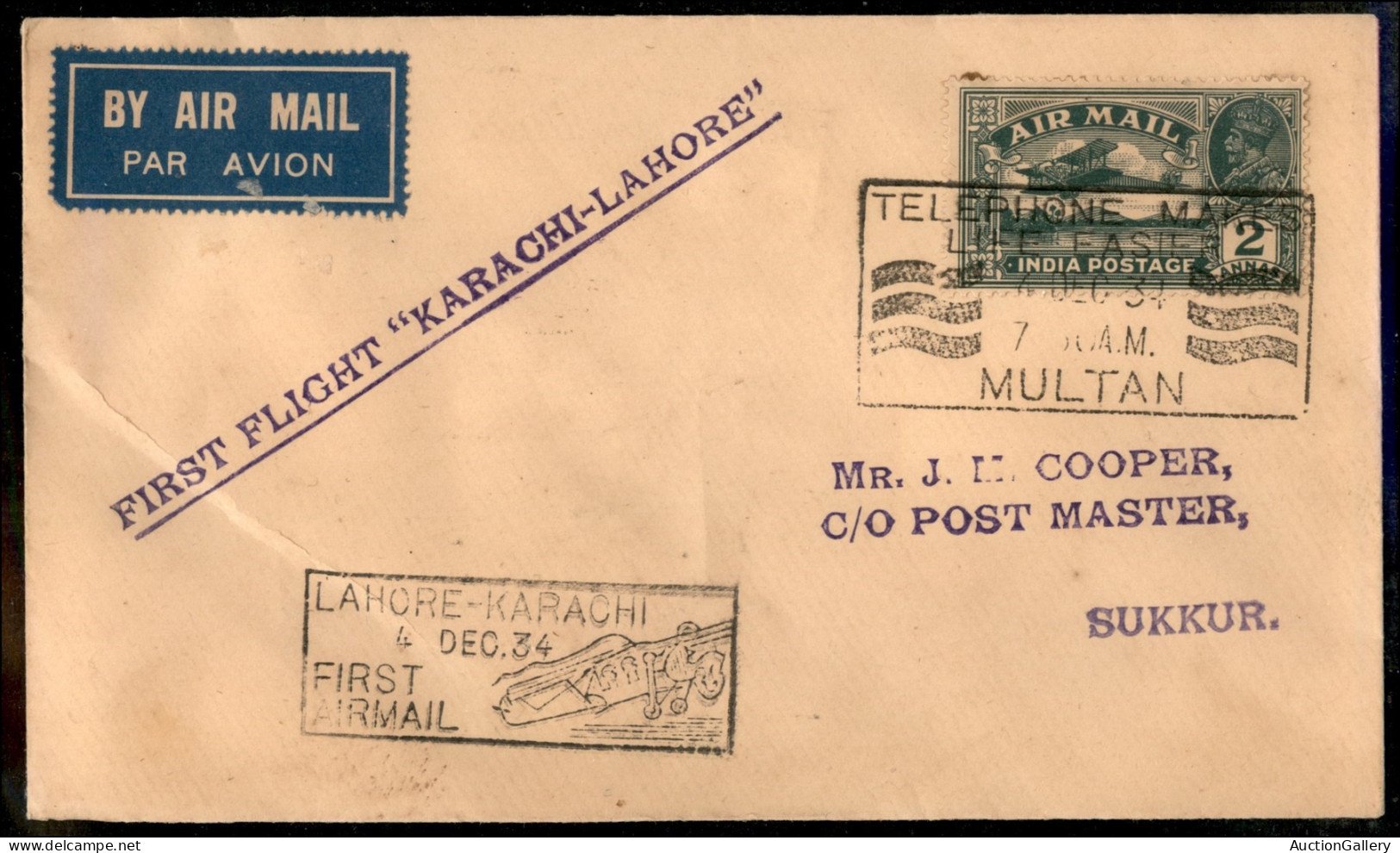 Aerogrammi  - India - 1934 (4 Dicembre) - Lahore Karachi - Aerogramma Per Sukkur - Other & Unclassified