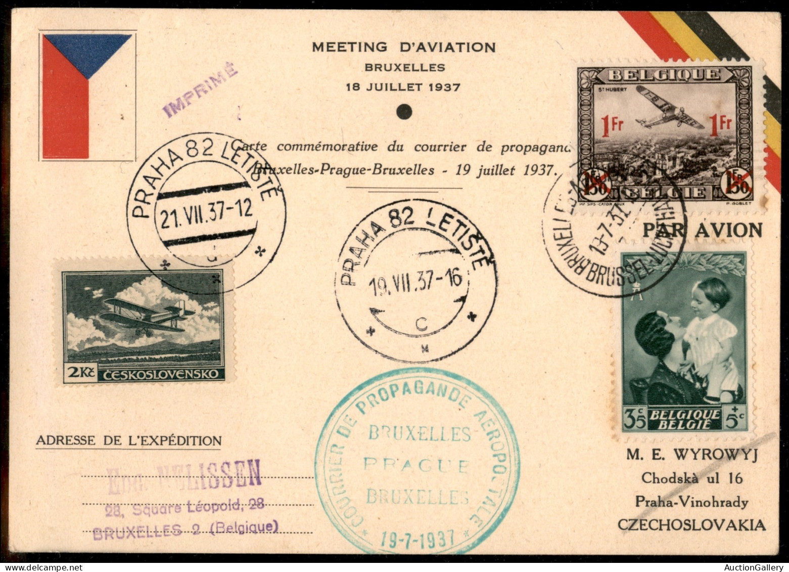 Europa - Belgio - 1937 (19 Luglio) - Bruxelles Praga Bruxelles - Muller 217 - Cartolina Ufficiale Del Volo - Other & Unclassified