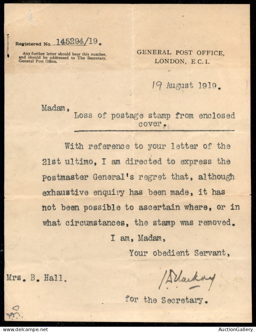 Europa - Gran Bretagna - 1919 - General Post Office - Busta In Franchigia + Testo - Other & Unclassified