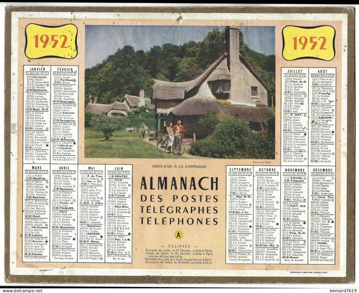 Almanach  Calendrier  P.T.T  -  La Poste -  1952 -  Week End A La Campagne - Tamaño Grande : 1941-60