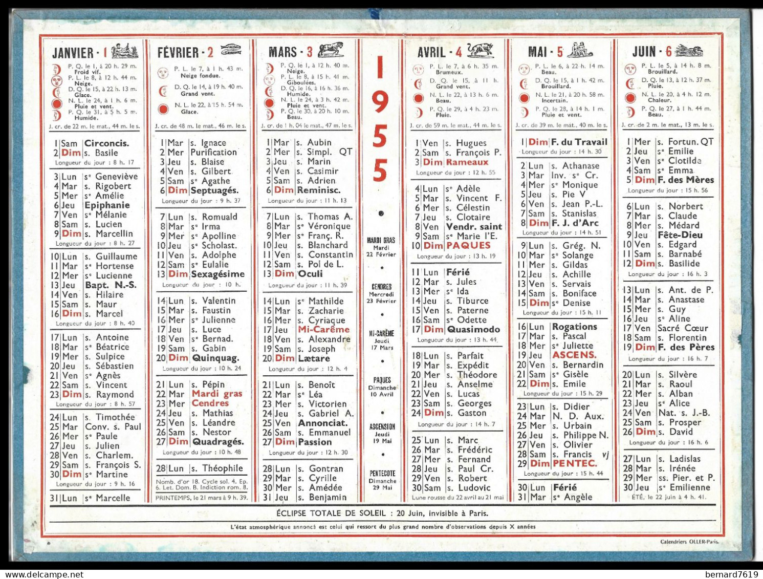 Almanach  Calendrier  P.T.T  -  La Poste -  1955 - - Big : 1941-60