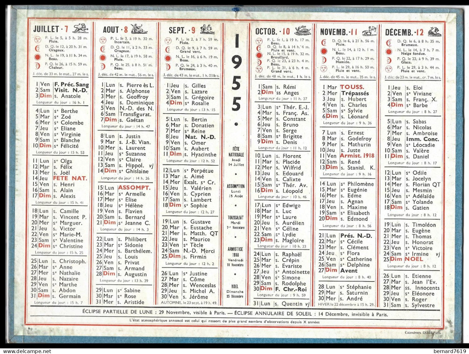 Almanach  Calendrier  P.T.T  -  La Poste -  1955 - - Formato Grande : 1941-60