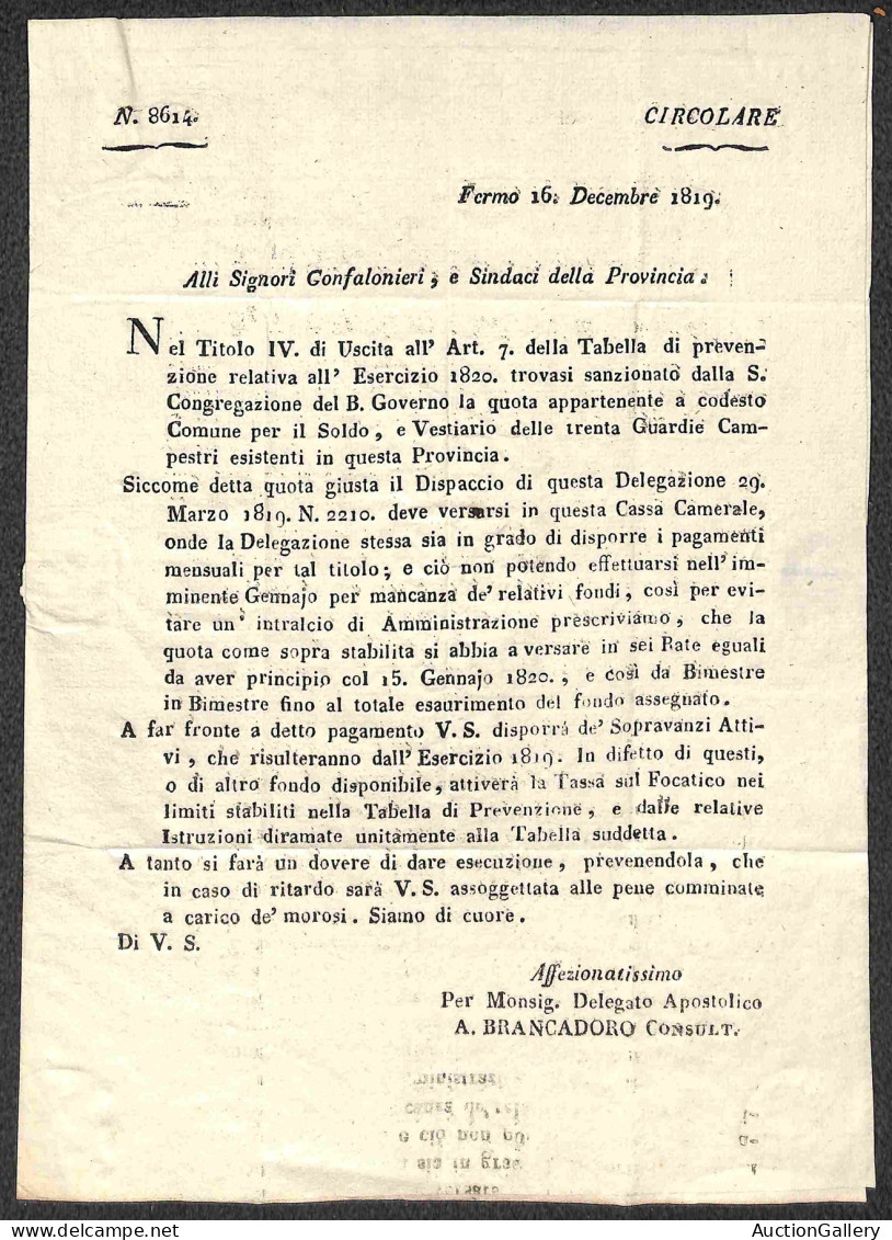Prefilateliche&Documenti - Italia - 1819 (16 Dicembre) - Circolare A Stampa Da Fermo A Acquaviva - Sonstige & Ohne Zuordnung