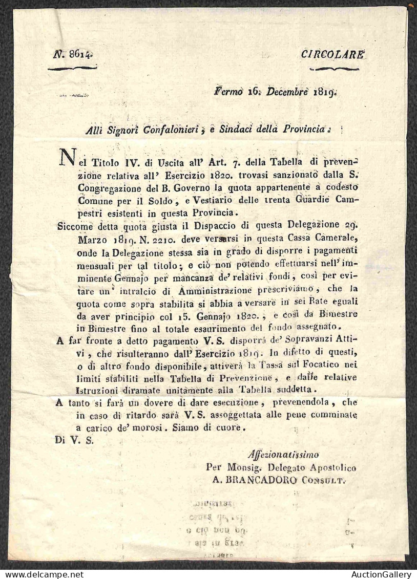 Prefilateliche&Documenti - Italia - 1819 (16 Dicembre) - Circolare A Stampa Da Fermo A Acquaviva - Other & Unclassified