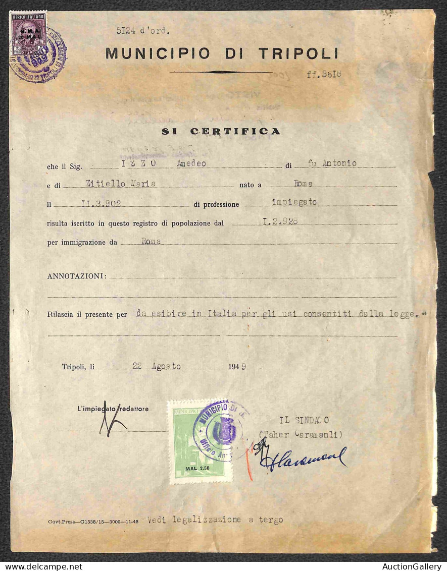 Prefilateliche&Documenti - Libia - 1949 (22 Agosto) - Tripoli - Certificato Anagrafico - Con Marche Da Bollo G.M.A. - Otros & Sin Clasificación