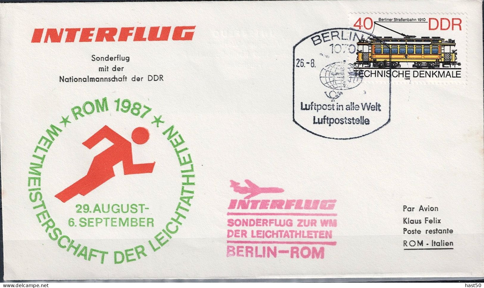 DDR GDR RDA - Luftpostbrief "Sonderflug Zur Leichtathlitik-WM Nach Rom" (MiNr: 3017) 1987 - Portorichtig - Airmail