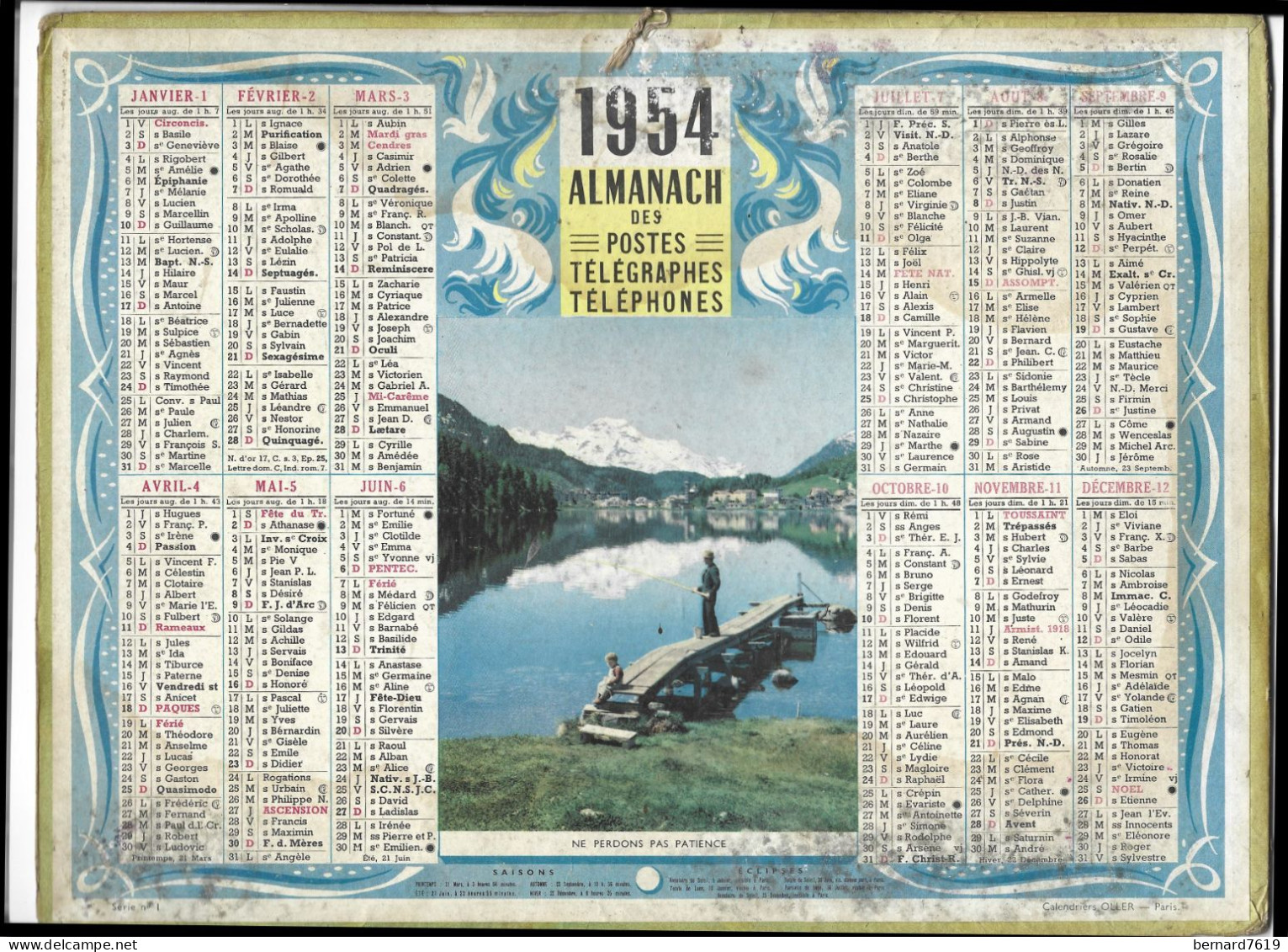 Almanach  Calendrier  P.T.T  -  La Poste -  1954 -   Peche - Ne Perdons Pas Patience - Grossformat : 1941-60