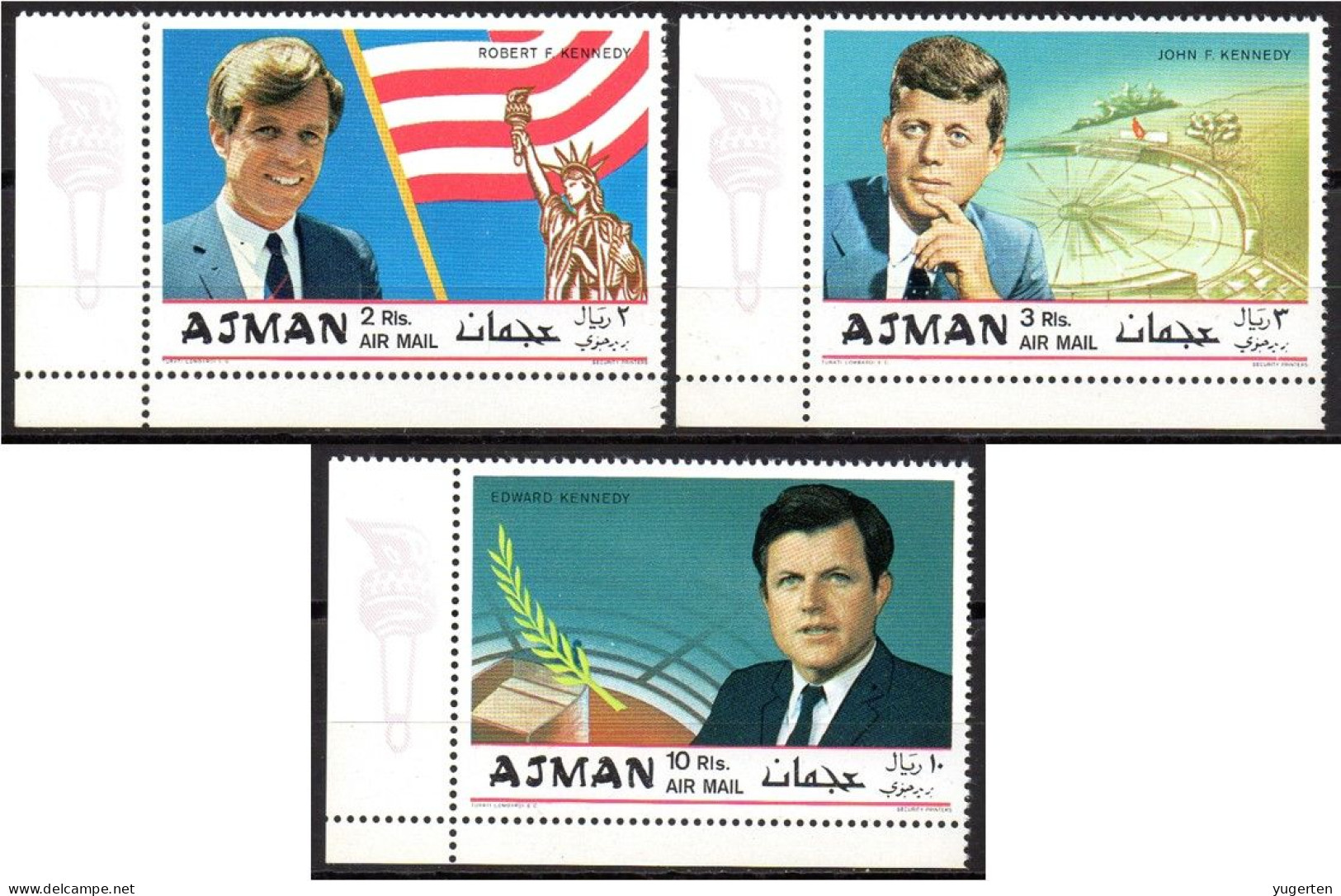 AJMAN 1969 - 3v - MNH - Kennedy Brothers - Robert F. - John F. - Edward Kennedy - Kennedy-Brüder - Les Frères Kennedy - Kennedy (John F.)