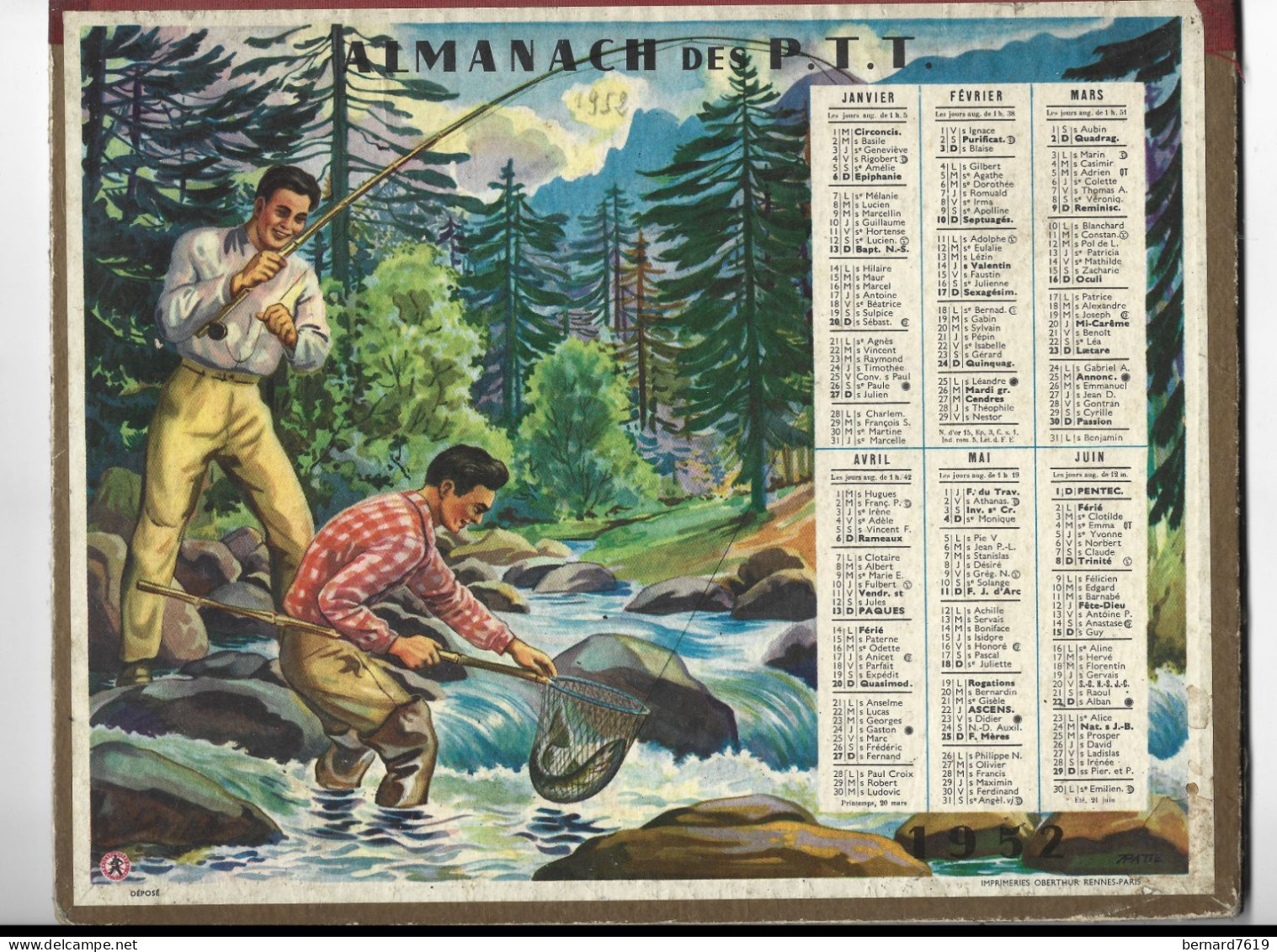 Almanach  Calendrier  P.T.T  -  La Poste -  1952 - Peche - Chasse - Grossformat : 1941-60