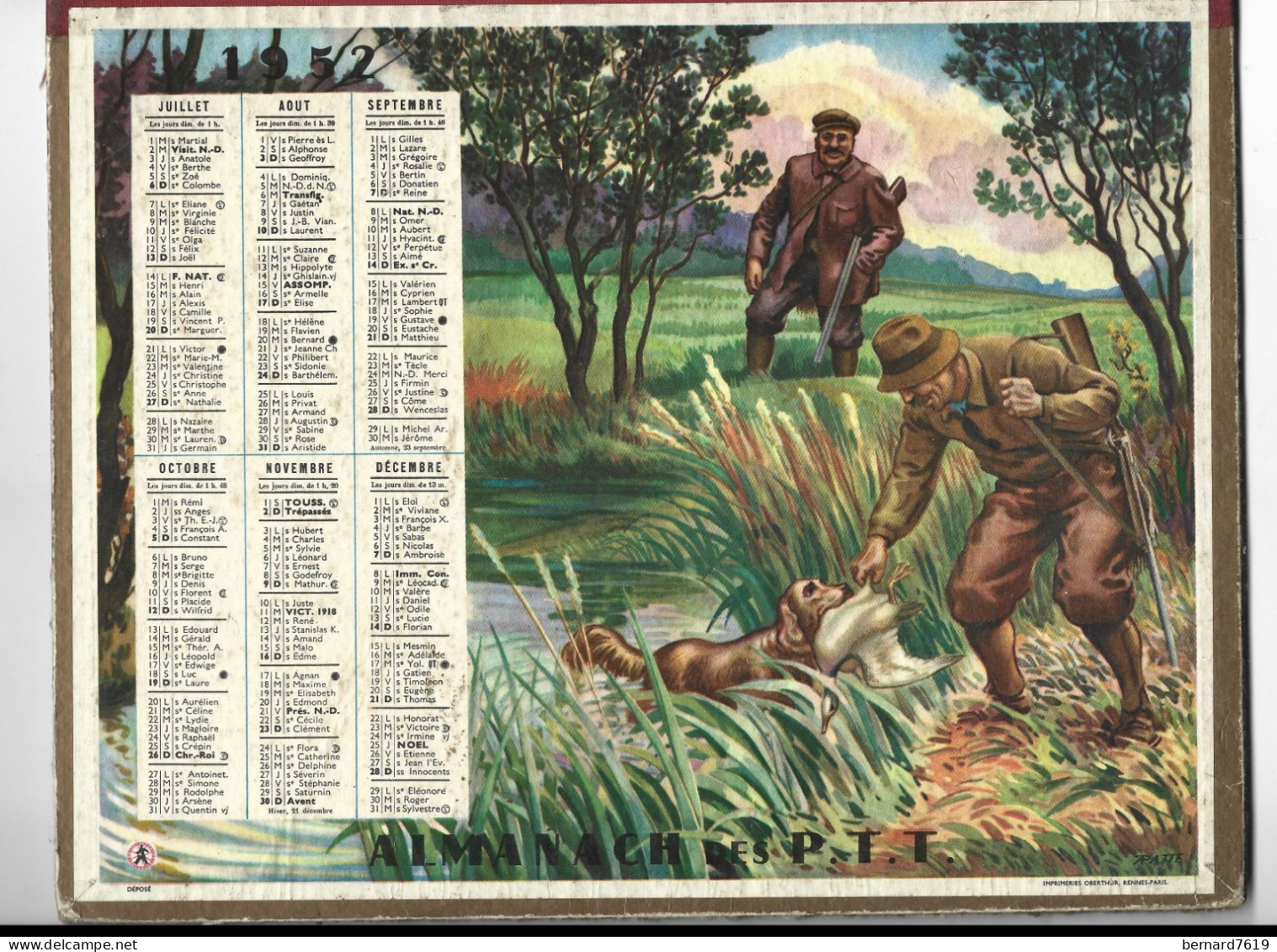 Almanach  Calendrier  P.T.T  -  La Poste -  1952 - Peche - Chasse - Groot Formaat: 1941-60