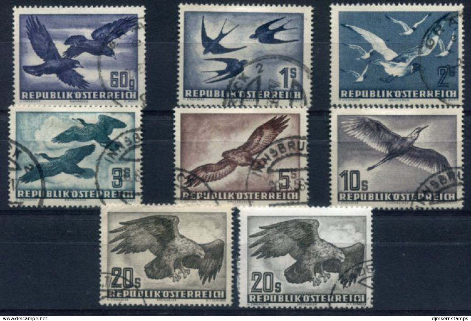 AUSTRIA 1950-1953 Birds Set Of Seven Values Used.  Michel 955-56, 968x,y, 984-87 - Used Stamps