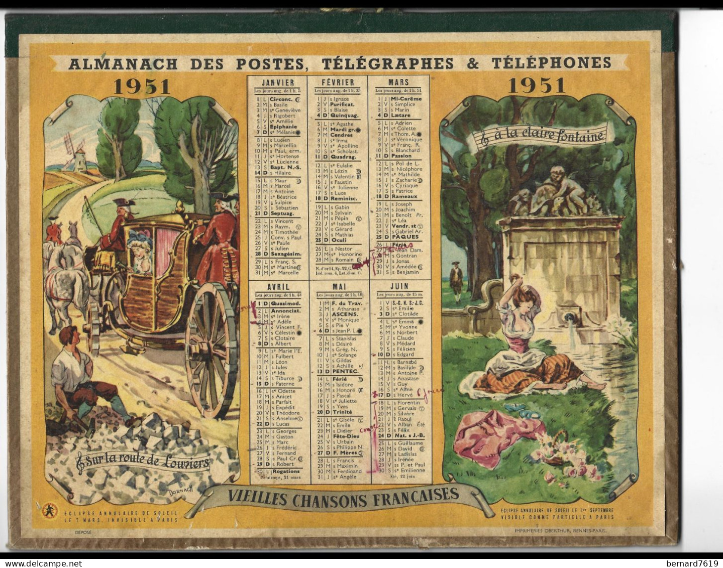 Almanach  Calendrier  P.T.T  -  La Poste -  1951 -  Vieilles Chansons Francaises - Groot Formaat: 1941-60