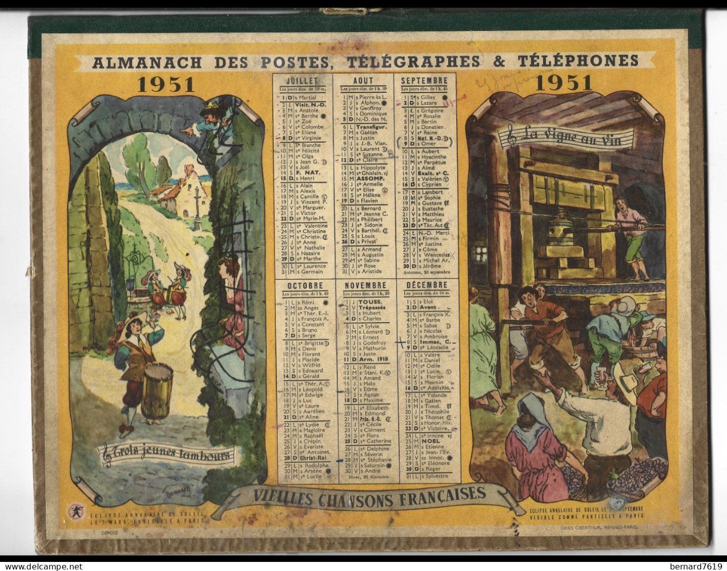 Almanach  Calendrier  P.T.T  -  La Poste -  1951 -  Vieilles Chansons Francaises - Big : 1941-60